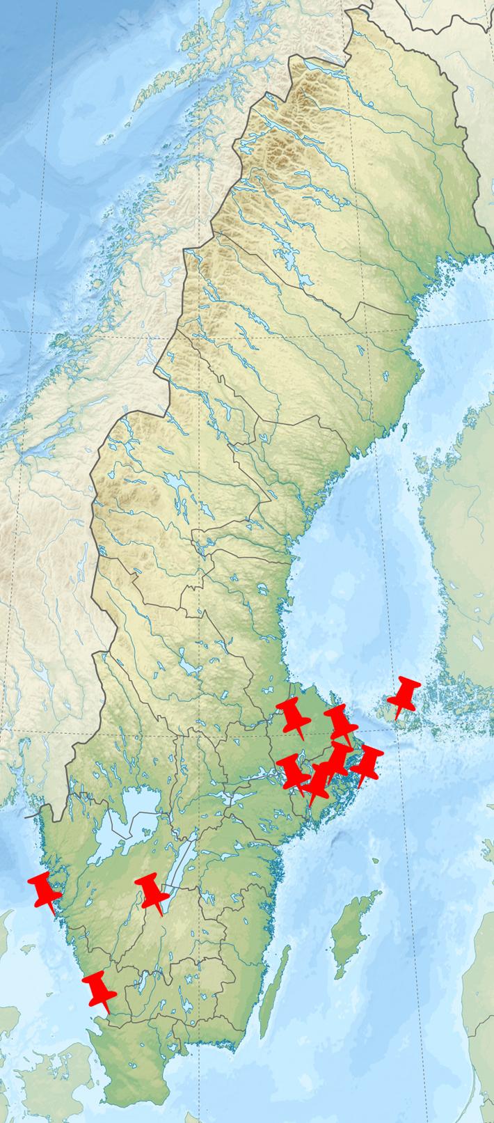 Karta över Sverige med markeringar för B² Processtekniks genomförda uppdrag
